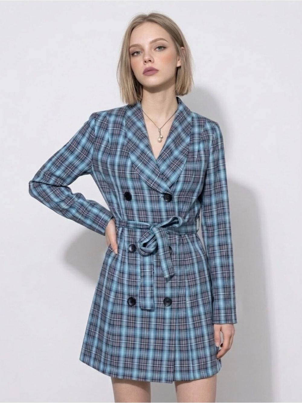 NLW Dress Womens Small Blue Checkered Navy Dress Waist Belt Long Sleeve